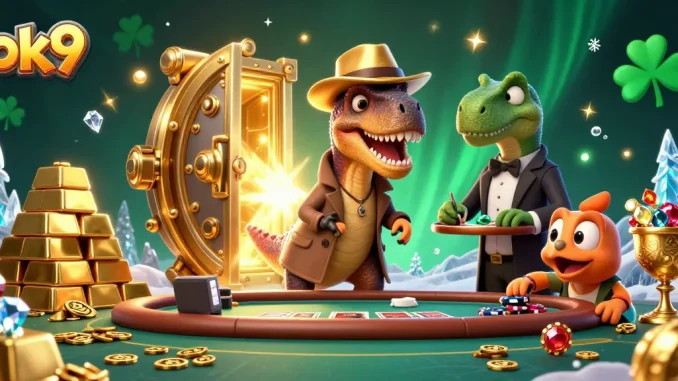 Experience thrilling bets at ok9 casino with a 3D velociraptor counter and gem-filled vault.