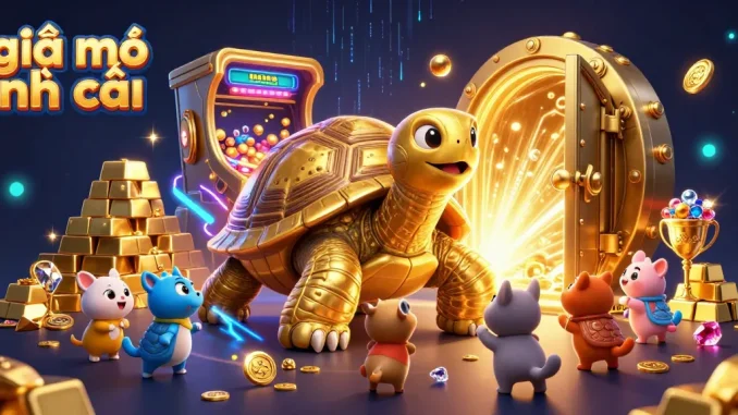 Experience the excitement of giải mã nhà cái with a whimsical golden tortoise and vibrant treasure elements.