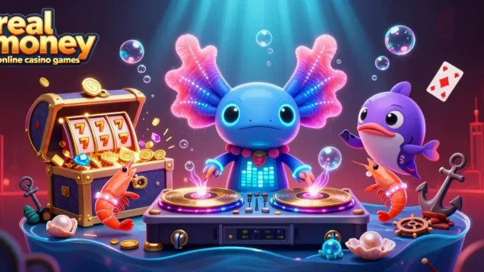 Engage in real money online casino games with a vibrant underwater DJ scene featuring dancing creatures.