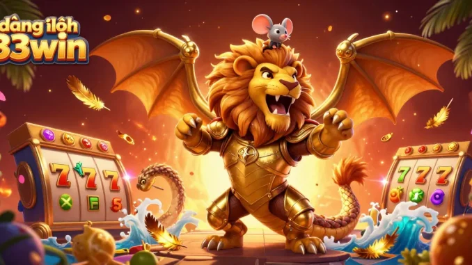 Engage with đăng nhập 33win in an atmospheric casino scene featuring a roaring chimera and floating slot elements.