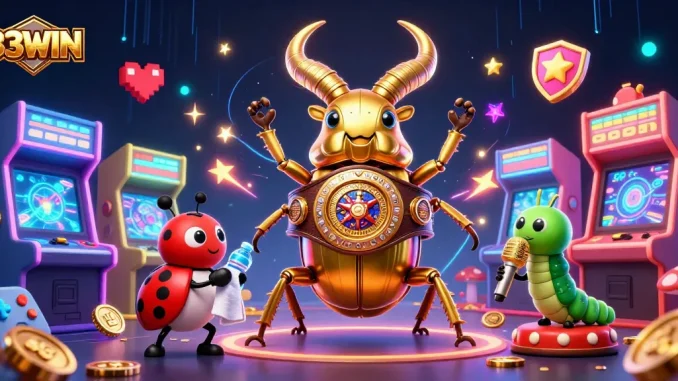 33WIN showcases a vibrant casino scene with a giant golden stag beetle and dynamic game elements in 3D.